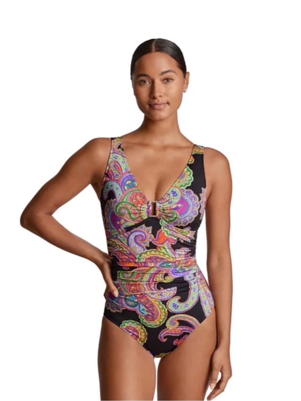 Lauren Ralph Lauren E1726 Women's Paisley-Print Ruched One-Piece Swimsuit Large